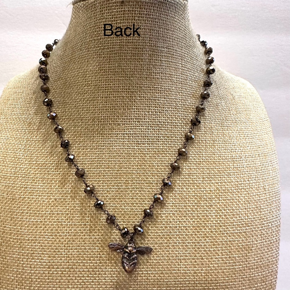 Fossil Necklace Copper Tone Necklace - beaded chain w/ Bee Pendant, rhinestones - Picture 7 of 13